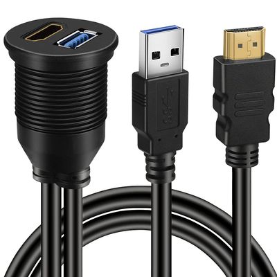 BATIGE USB 3.0 & HDMI to HDMI + USB3.0 AUX Extension Dash Panel Waterproof Car Flush Mount Cable for Car Boat and Motorcycle - 1ft