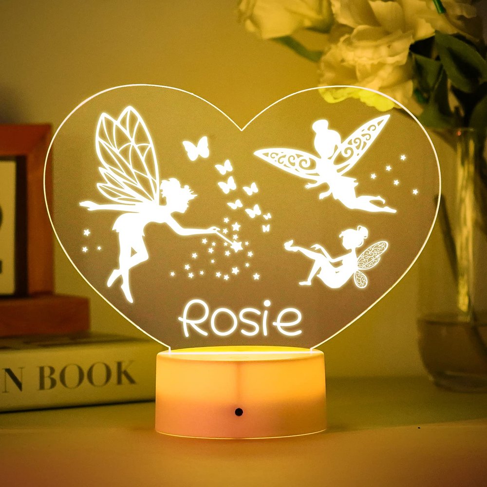 VEELU Custom Name Night Light with Pink Fairy, Personalized Baby Night Light Engraved Text Individual Kids Light Princess Toddler Birthday Gift for Daughter Girl