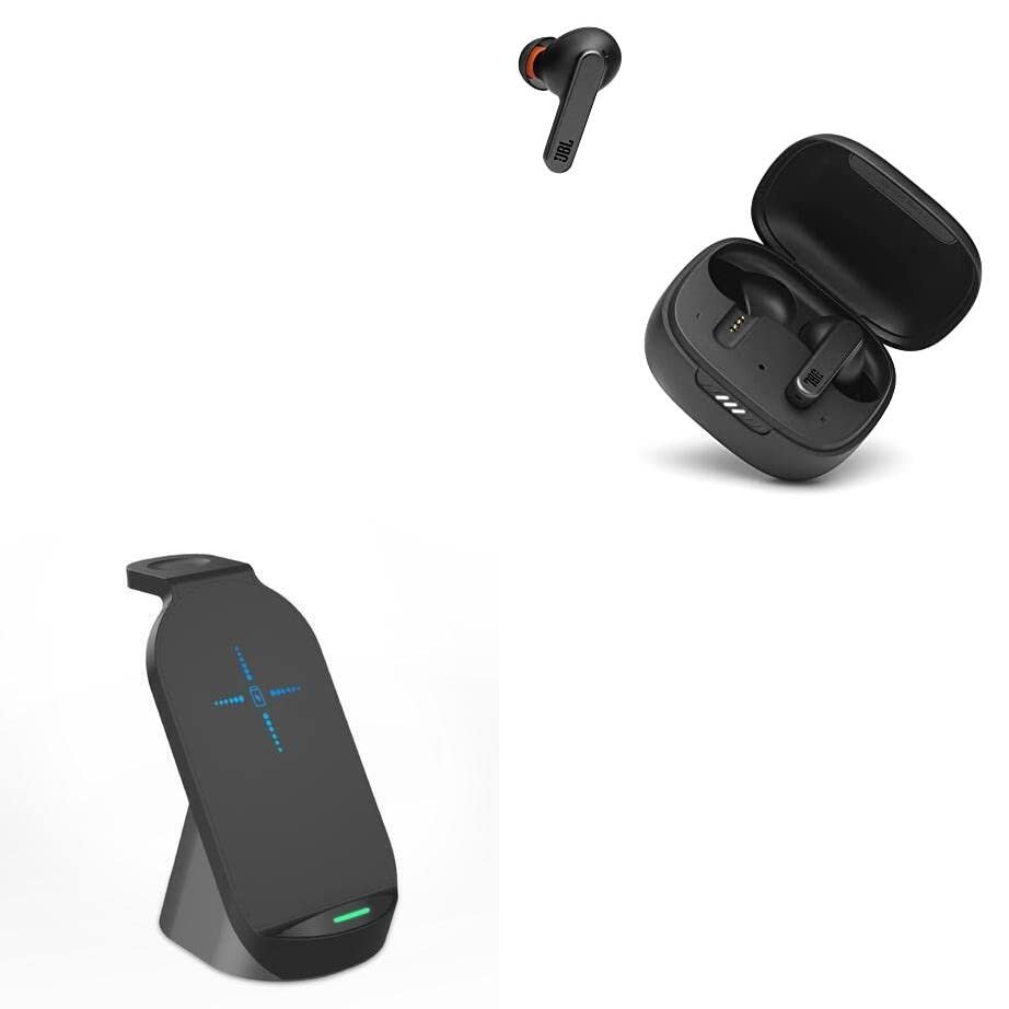 BoxWave Charger Compatible with JBL Live Pro+ TWS - Compact Wireless MultiCharge Stand (10W), Wireless Qi Stand Charger Watch Earbuds - Jet Black