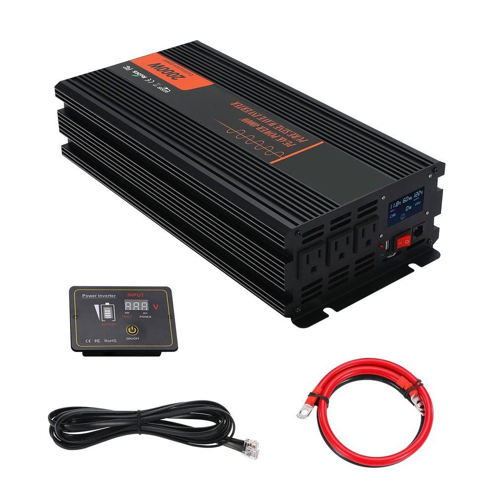 Car Power Inverter Pure Sine Wave DC 12V/24V/48V/60V to AC 120V/220V Transformer Convert with Wired Remote Control (Optional Socket),12V-120V