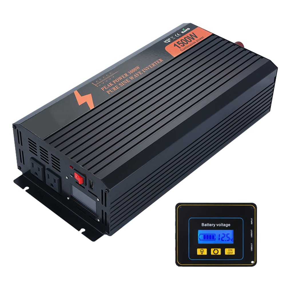 TOOJUN 1500W 12V/24V to 220V/110V Pure Sine Wave Car Power Inverter Converter USB Voltage Transformer with Remote Control and 2 AC Output Sockets,24V-220V