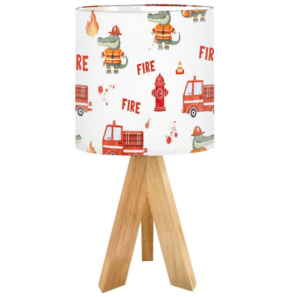 OEPWQIWEPZ Tripod Bedside Desk Table Lamp Watercolor Hand Drawn Seamless Childish Cute Firetrucks Flame Wood Nightstand Lamp with Linen Fabric Shade for Nursery Bedroom Living Room Kids Room
