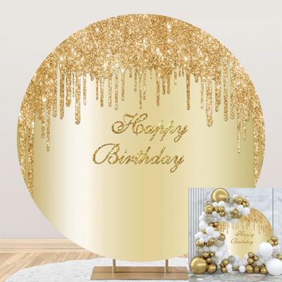 OERJU 7.5x7.5ft Golden Birthday Round Backdrop Luxurious Drippy Glistering Gold Photography Background Circle Backdrop Cover for Girls Women Birthday Party Decorations Photo Booth Props