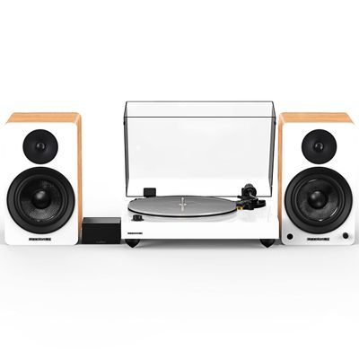 Fluance Reference RT85N High Fidelity Vinyl Turntable (White), PA10 Phono Preamp, Ai61 Powered 6.5" Bookshelf Speakers (Lucky Bamboo), Nagaoka MP-110 Cartridge, 120W Class D Amplifier, Bluetooth