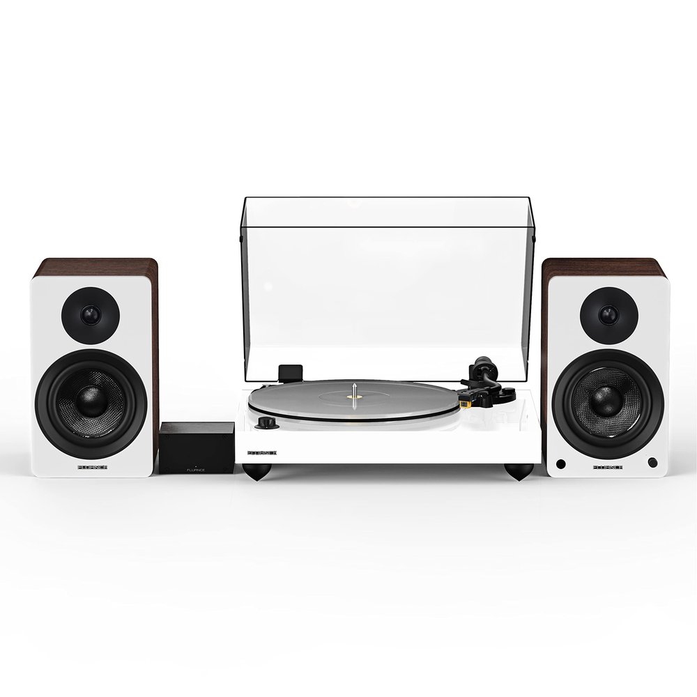 Fluance Reference RT85N High Fidelity Vinyl Turntable (White), PA10 Phono Preamp, Ai41 Powered 5" Bookshelf Speakers (White Walnut), Nagaoka MP-110 Cartridge, 90W Class D Amplifier, Bluetooth