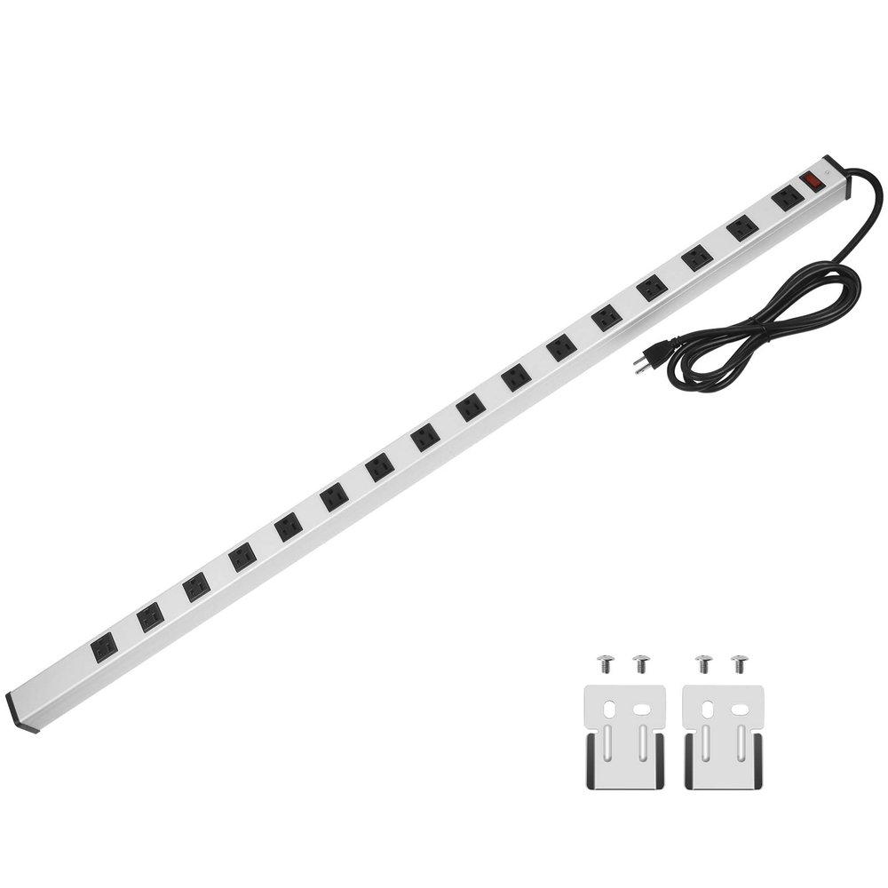 16 Outlet Plugs Heavy Duty Metal Power Strip, Aluminum Workshop Socket with 10 FT Long Cord and Power Switch. 15A, 125V, 1875W Silver