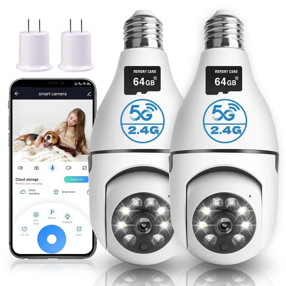 DUDUBOBBY 2Pcs Light Bulb Camera, 1080P Security Camera Home Wireless 5&2.4GHz WiFi Motion Auto Tracking 360 Degree Smart Surveillance with Detection Alarm Night Vision (Included 64G SD Card), (E27)