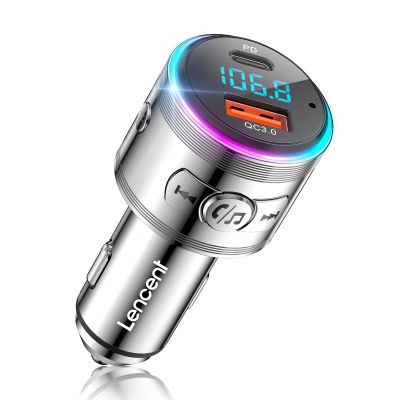 Bluetooth Transmitter for Car, LENCENT Full Metal Bluetooth 5.3 Car Adapter Dual USB Fast Charging 48W(PD 30W & QC3.0 18W), Wireless FM Radio Transmitter with Hi-Fi Music, Hands-Free Calling