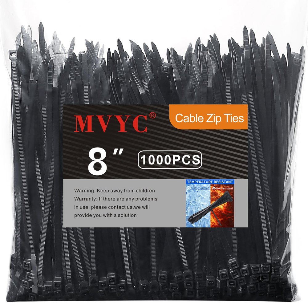 Mvyc Zip Ties, Heavy Duty Cable and Wire Ties with 50 Ibs Tensile Strength and UV Resistance, for Home, Office, Garden, Workshop, Black (8 Inch, 1000 Pack)