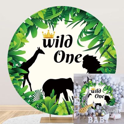 OERJU 7.2x7.2ft Wild One Round Backdrop Cover Safari Jungle Animals Green Leaves Photography Background Circle Backdrop Cover for Kids Baby Boy 1st Birthday Party Decorations Photo Booth Props