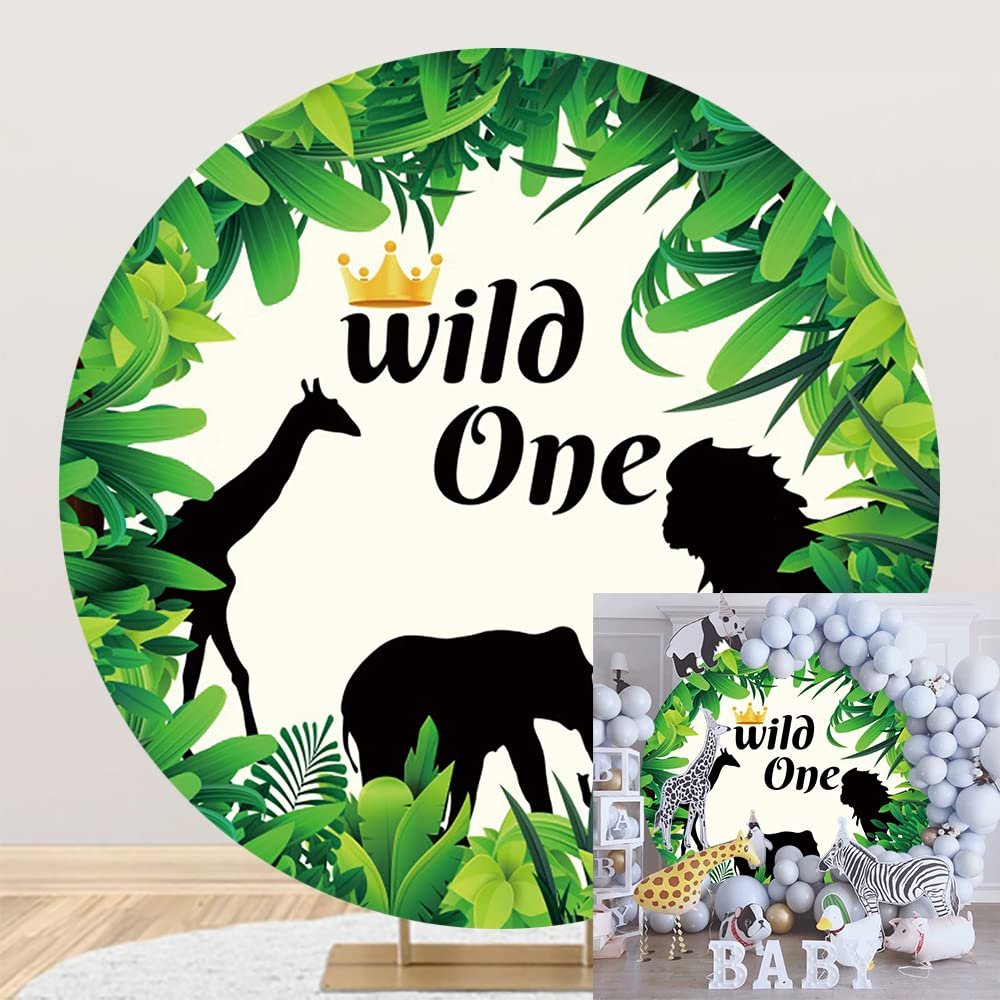 OERJU 7.2x7.2ft Wild One Round Backdrop Cover Safari Jungle Animals Green Leaves Photography Background Circle Backdrop Cover for Kids Baby Boy 1st Birthday Party Decorations Photo Booth Props