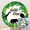 OERJU 7.2x7.2ft Wild One Round Backdrop Cover Safari Jungle Animals Green Leaves Photography Background Circle Backdrop Cover for Kids Baby Boy 1st Birthday Party Decorations Photo Booth Props view 1