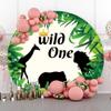 OERJU 7.2x7.2ft Wild One Round Backdrop Cover Safari Jungle Animals Green Leaves Photography Background Circle Backdrop Cover for Kids Baby Boy 1st Birthday Party Decorations Photo Booth Props view 2