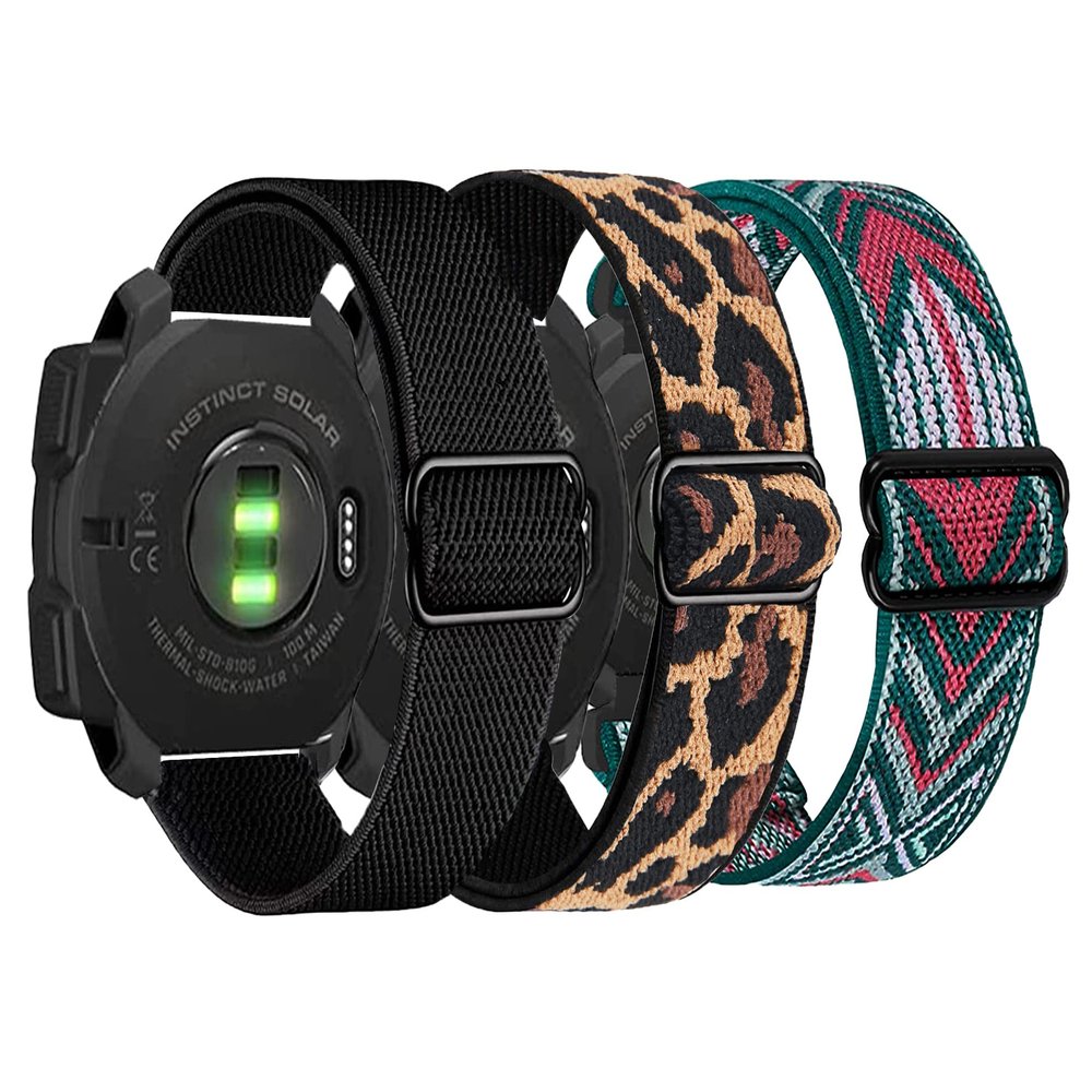 3 Packs Stretchy Nylon Bands Compatible with Garmin Instinct/Instinct 2 Solar/Instinct 3 45mm, 22mm Sport Breathable Wristband for Garmin Instinct Tactical/Solar/Tide/Esports (Black/Leopard/Arrow)