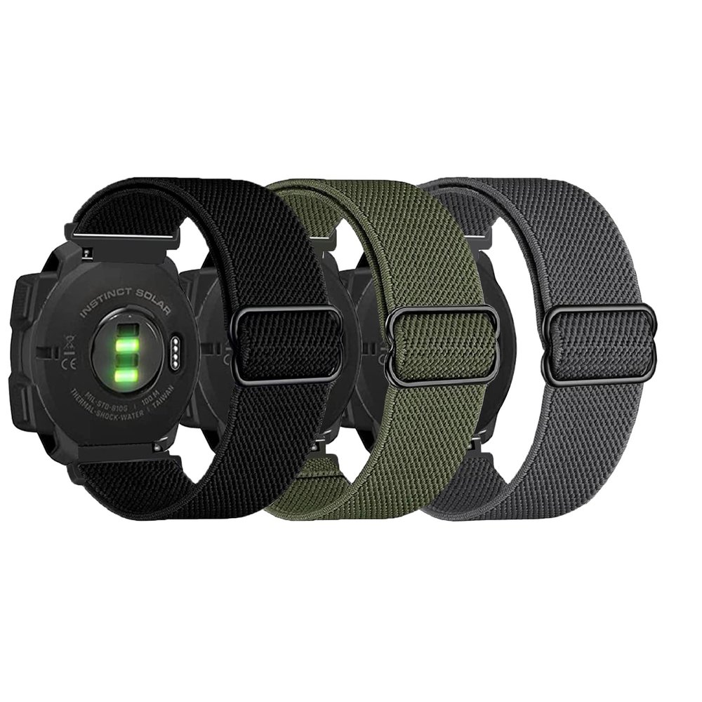 3 Packs Stretchy Nylon Bands Compatible with Garmin Instinct/Instinct 2 Solar/Instinct 3 45mm, 22mm Sport Breathable Wristband for Garmin Instinct Tactical/Solar/Tide/Esports (Black/Gray/Army Green)