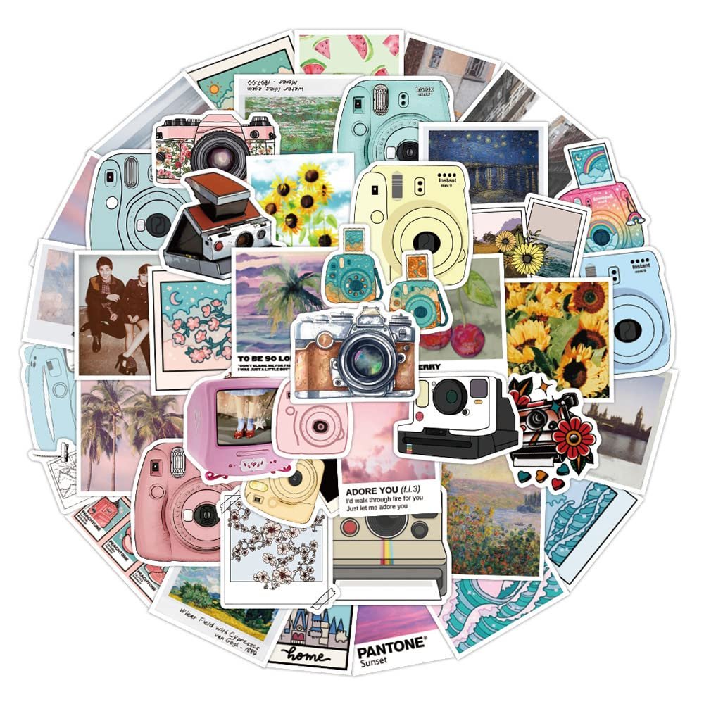Camera Stickers, 50 Pcs VSCO Aesthetic Decorative Decals Waterproof Vinyl Stickers for Scrapbook Laptop, Water Bottle, Luggage, Skateboard Phone Gifts forTeens Adults Kids Boys Girls (Camera Stickers)