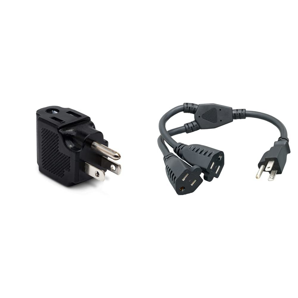 Hosa Right Angle Power Adaptor & Cablelera Power Cord Extension and Splitter, NEMA 5-15P to NEMA 5-15R x 2, 16 AWG, 13A, 125V (ZWACPQAG-14)