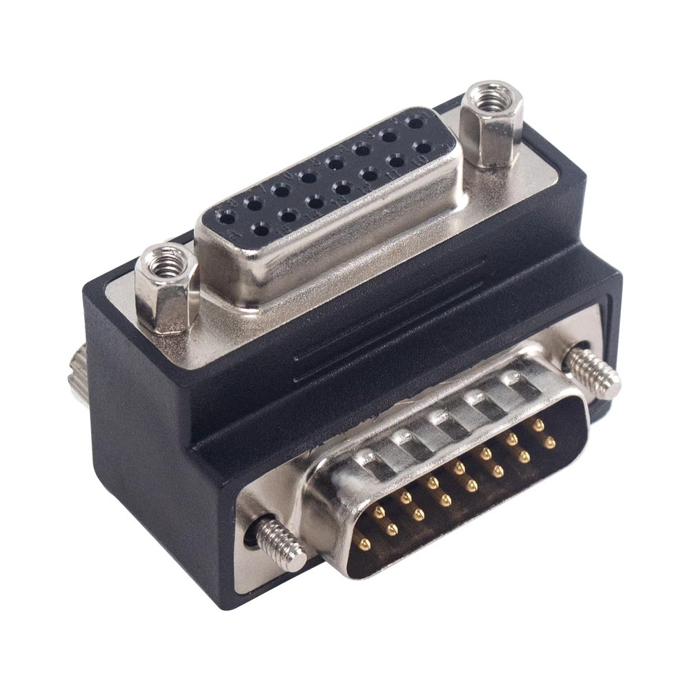 Duttek 90 Degree DB15 Male to Female Adapter, D-Sub 15Pin Solder Type Connector Adapter for Mainframe Computers with Screw Mount 1 Pack (Down Angled)
