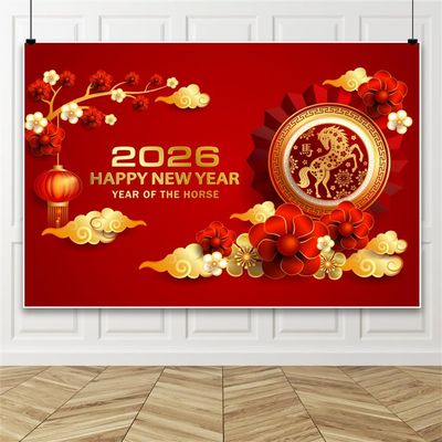 DORCEV 10x6.5ft 2026 Happy New Year Photography Backdrop Red Chinese Year of The Horse Photo Background Fortune Flowers Auspicious Cloud Family Portrait Decor Vinyl Celebration Wallpaper Studio Props