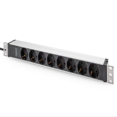 DIGITUS Power Strip with Aluminium Profile, 8-Way Protective Contact Socket, 2 m Cable, IEC C20 Plug, 482.6 mm (19 Inches) x 45 (1U) x 45 mm