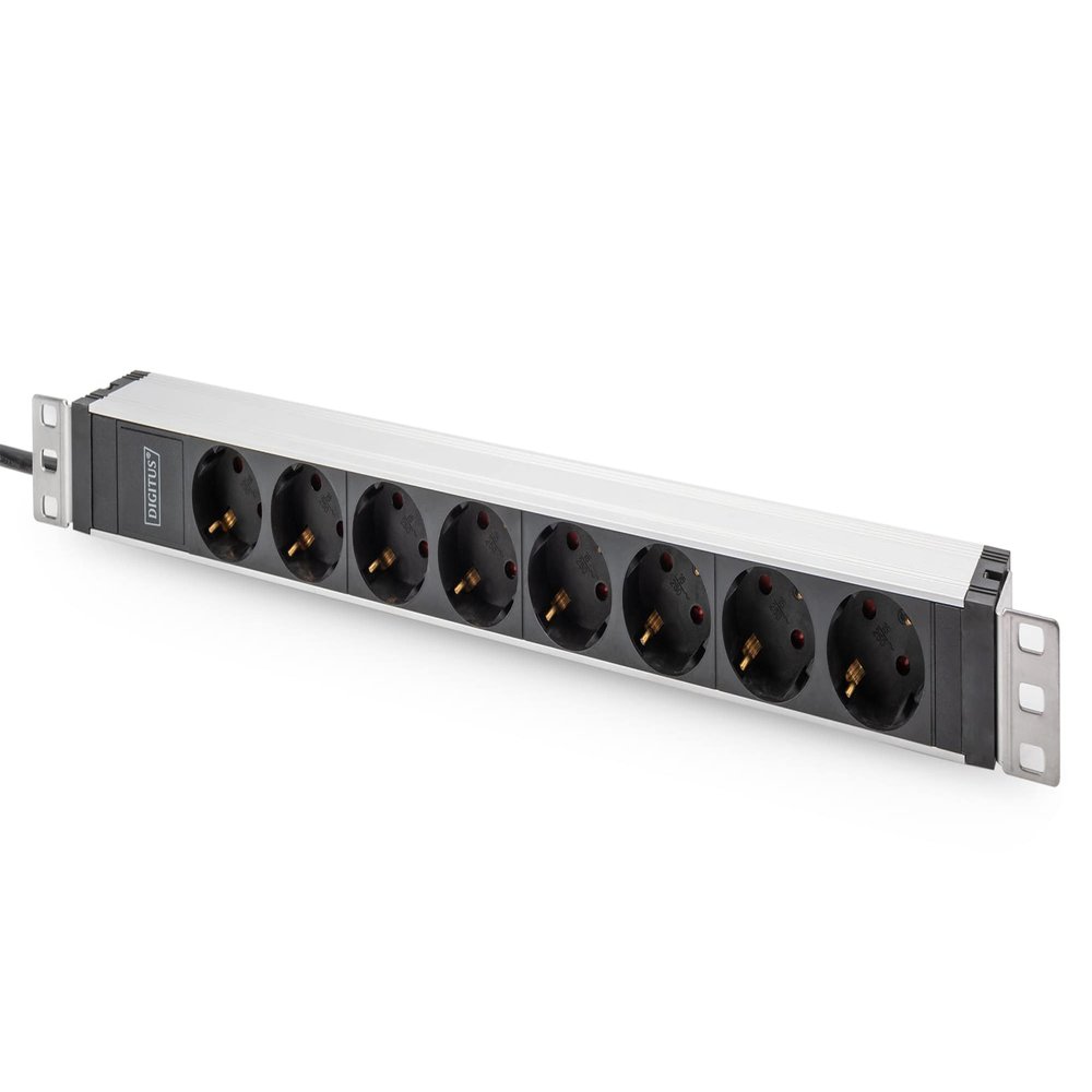 DIGITUS Power Strip with Aluminium Profile, 8-Way Protective Contact Socket, 2 m Cable, IEC C20 Plug, 482.6 mm (19 Inches) x 45 (1U) x 45 mm