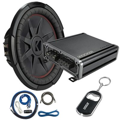KICKER 48CWRT122 Shallow-Mount 12" Subwoofer with 46CXA4001T Mono Amplifier and 46CK8 Amplifier Wiring Kit