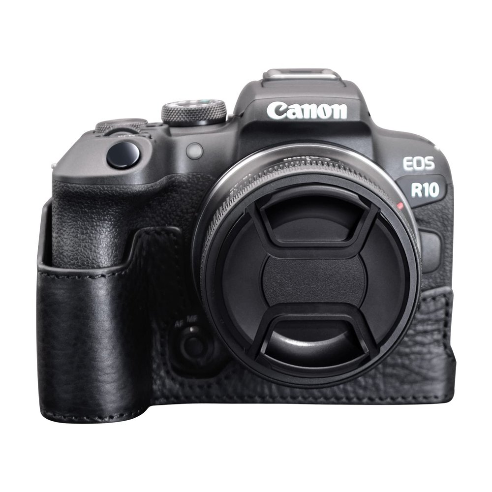 MUZIRI KINOKOO EOS R10 Case, Genuine Leather Case for Canon EOS R10 Camera Bottom Protective Case - Retro Style Half Case with Hand Grip and Opening Bottom Design - Black