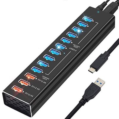 Powered USB Hub, Multi-Port All-Aluminum 13-Port Type-c3.0 Extension hub with 3-Port Smart Fast Charge USB 3.0 Ports, USB Expander and Splitter Hub