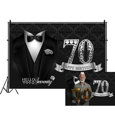 DORCEV 10x8ft Man Happy 70th Birthday Photography Backdrop Banner Luxury Black Silver Tuxedo Photo Background for Grandpa Birthday Party Decor Hello Seventy White Shirt Necktie Suit Decor Props