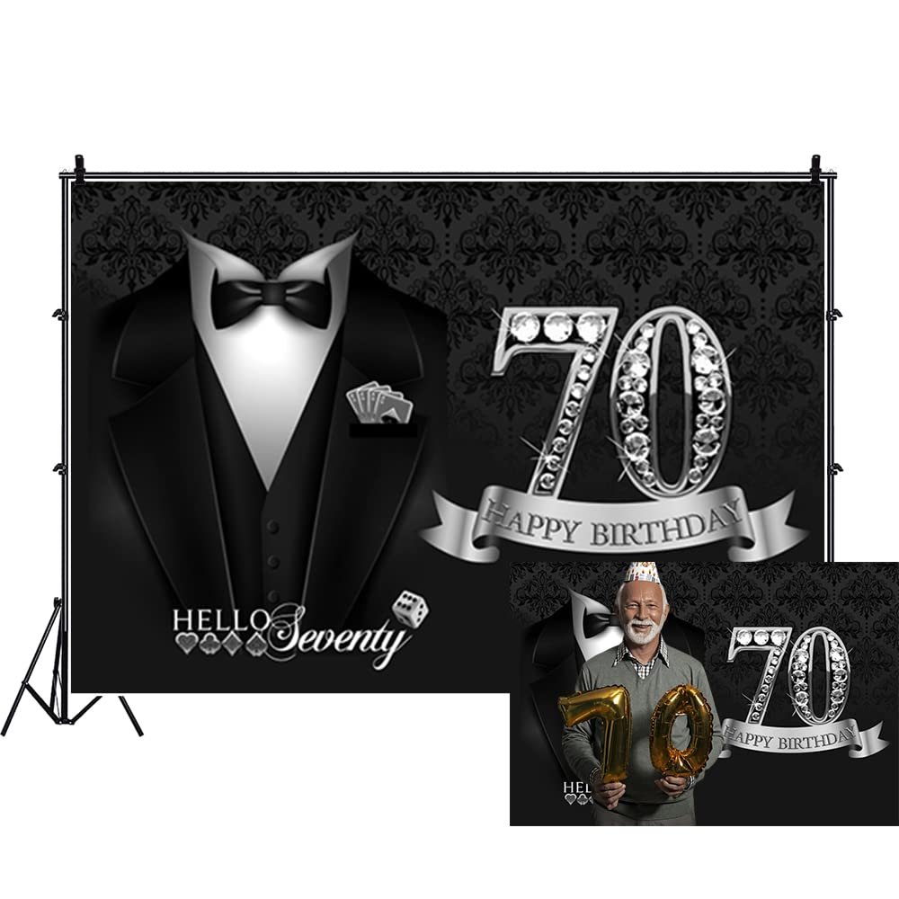 DORCEV 10x8ft Man Happy 70th Birthday Photography Backdrop Banner Luxury Black Silver Tuxedo Photo Background for Grandpa Birthday Party Decor Hello Seventy White Shirt Necktie Suit Decor Props