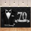 DORCEV 10x8ft Man Happy 70th Birthday Photography Backdrop Banner Luxury Black Silver Tuxedo Photo Background for Grandpa Birthday Party Decor Hello Seventy White Shirt Necktie Suit Decor Props view 2