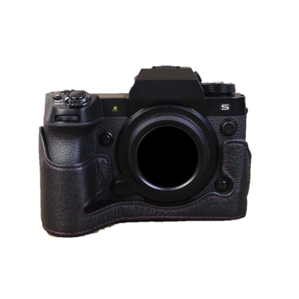 Camera Case Black Genuine Leather Protective Half Body Cover Base Case with Bottom Opening Version for Fujifilm X-H2 Camera, Black, Half Body Base Case