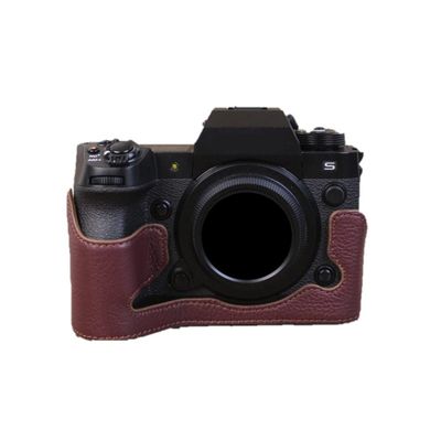 Camera Case Wine Red Genuine Leather Protective Half Body Cover Base Case with Bottom Opening Version for Fujifilm X-H2 Camera, Red, Half Body Base Case