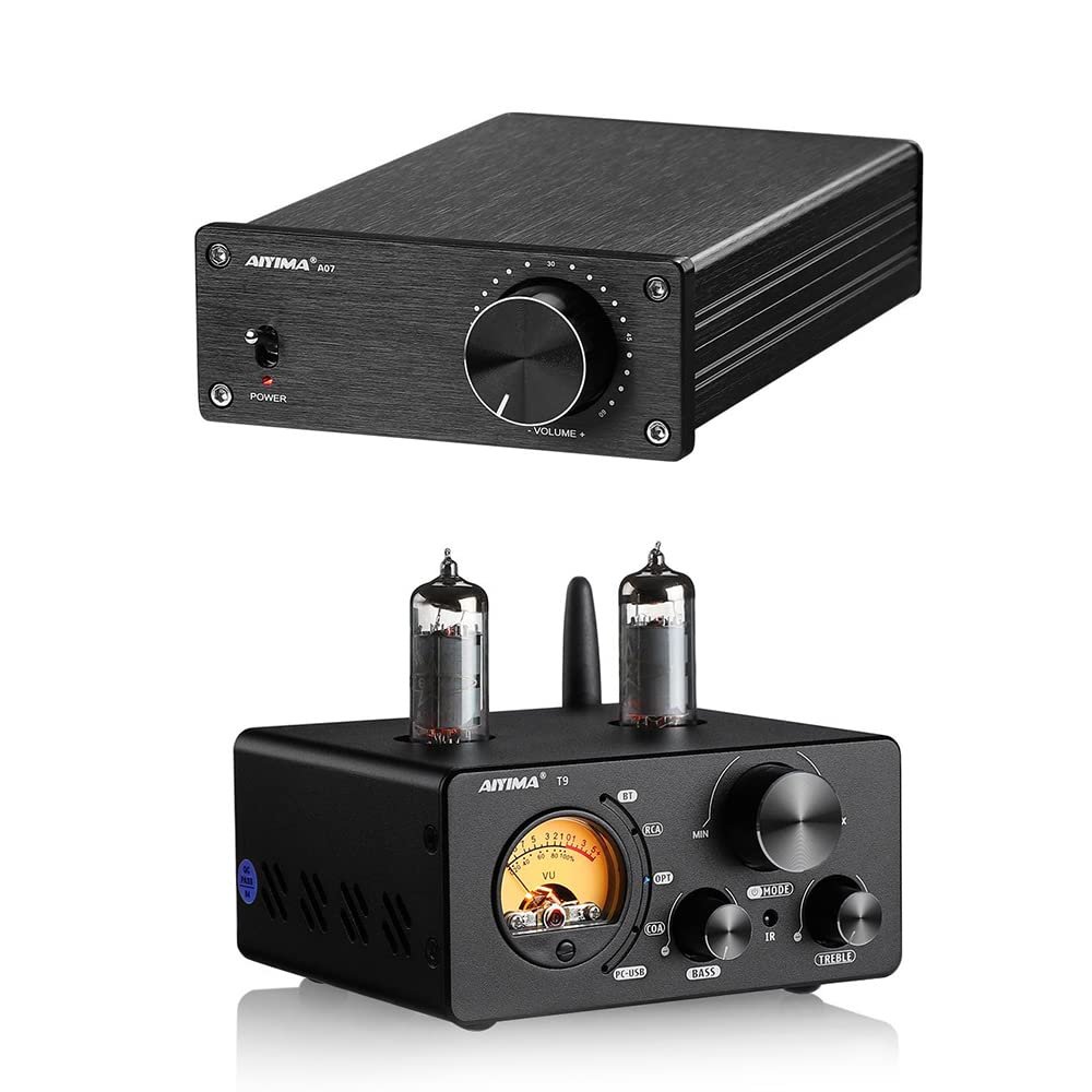 AIYIMA A07 TPA3255 Power Amplifier 300Wx2 HiFi Class D Stereo Digital Audio Amp 2.0 Channel Amplifier and AIYIMA T9 Bluetooth 5.0 100W * 2 Tube Amplifier 2.0 Channel Vacuum USB DAC Stereo Amp Bundle