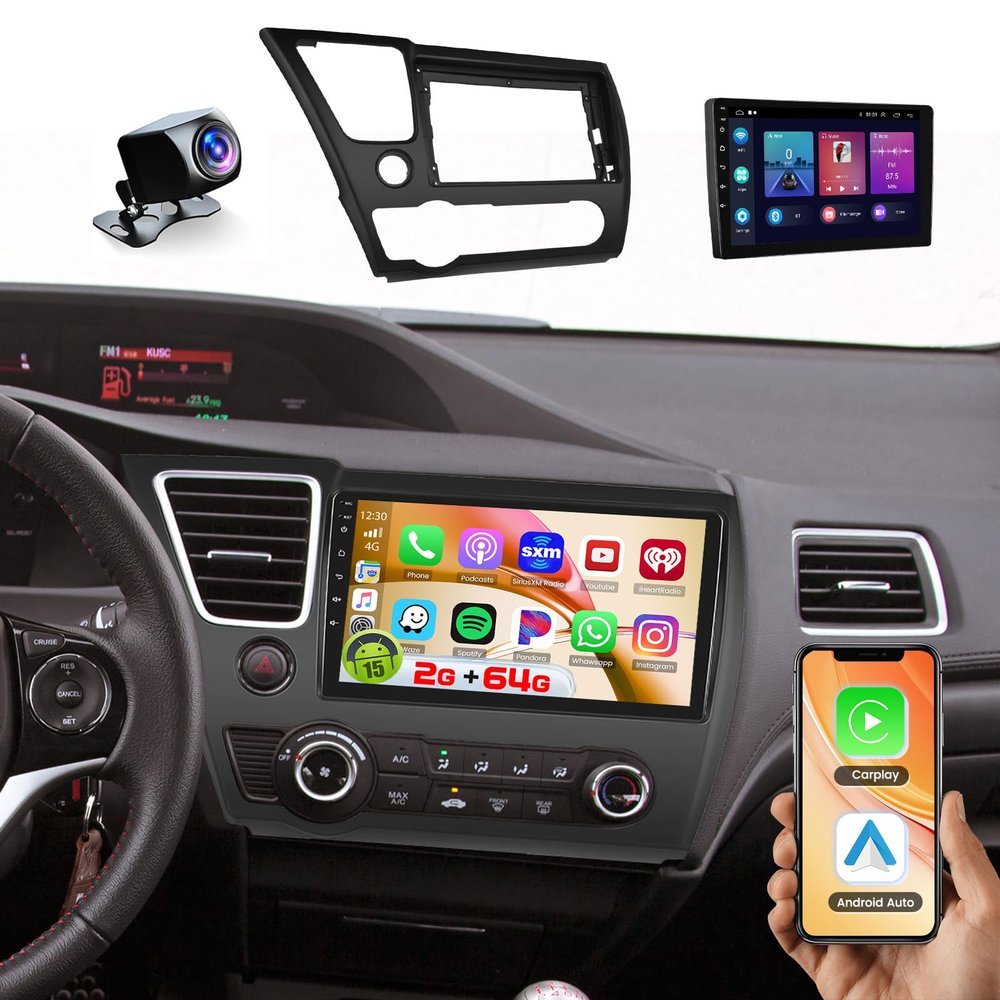 [2+64GB] Hikity for Honda Civic 2013-2017 Android Car Stereo with Wireless Apple Carplay Android Auto,9 inch Touchscreen Car Radio Support GPS Navigation/WiFi/Bluetooth/HiFi/FM/EQ + Backup Camera