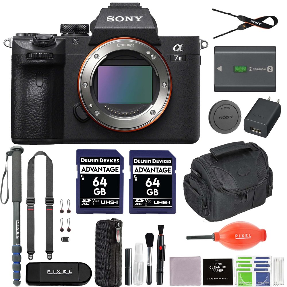 Sony a7 III Mirrorless Digital Camera Bundle with Water Resistant Gadget Bag, 64GB SDXC Memory Card, Peak Design Strap, Monopod + More | Sony Alpha 7 III