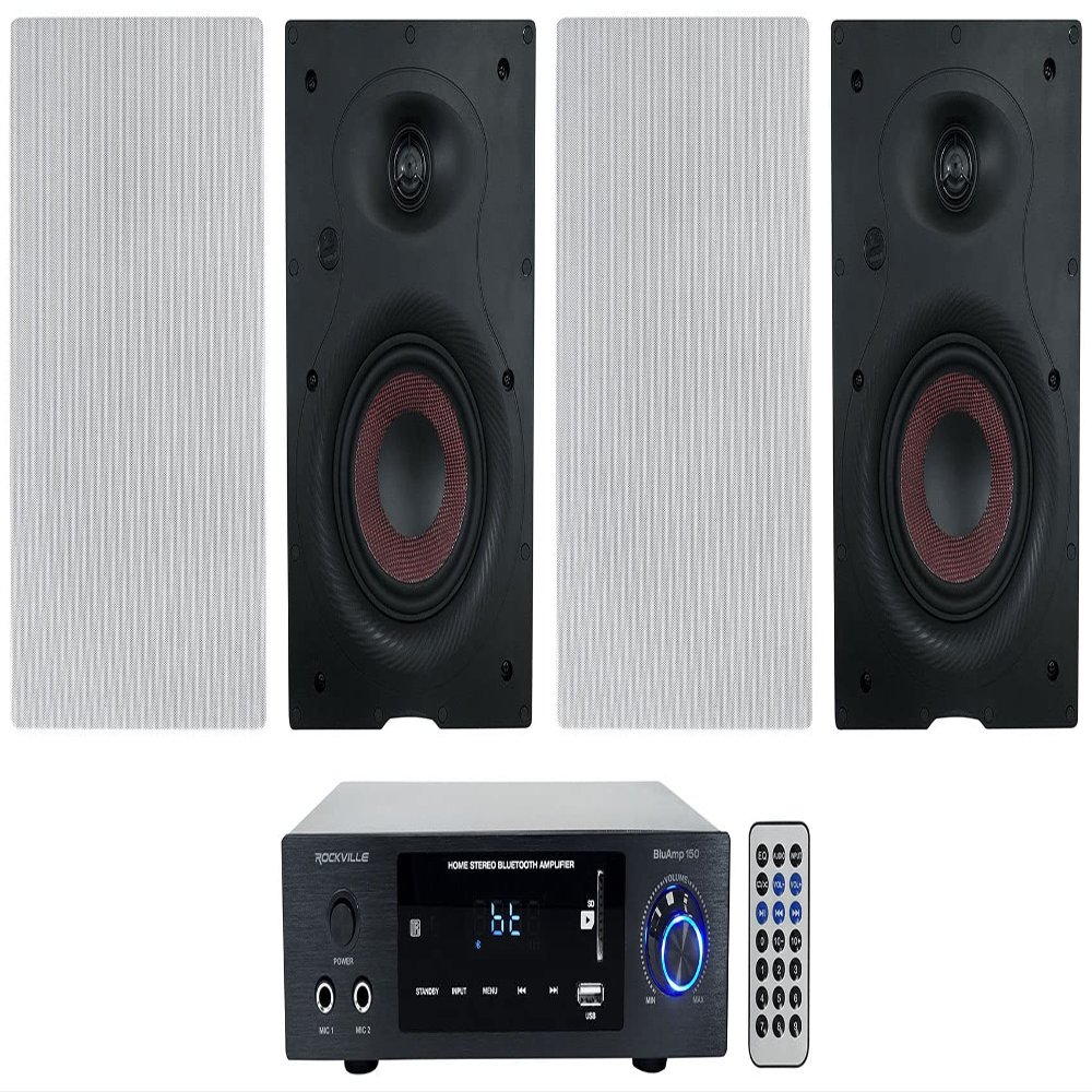 Rockville BLUAMP 150 Bundle: Home Stereo Bluetooth Amplifier Receiver Optical/Phono/RCA, (2) Pair WA658 6.5-in in-Wall Home Speakers with Glass Fiber Cone Woofer and Silk Dome Tweeter, 3-Items