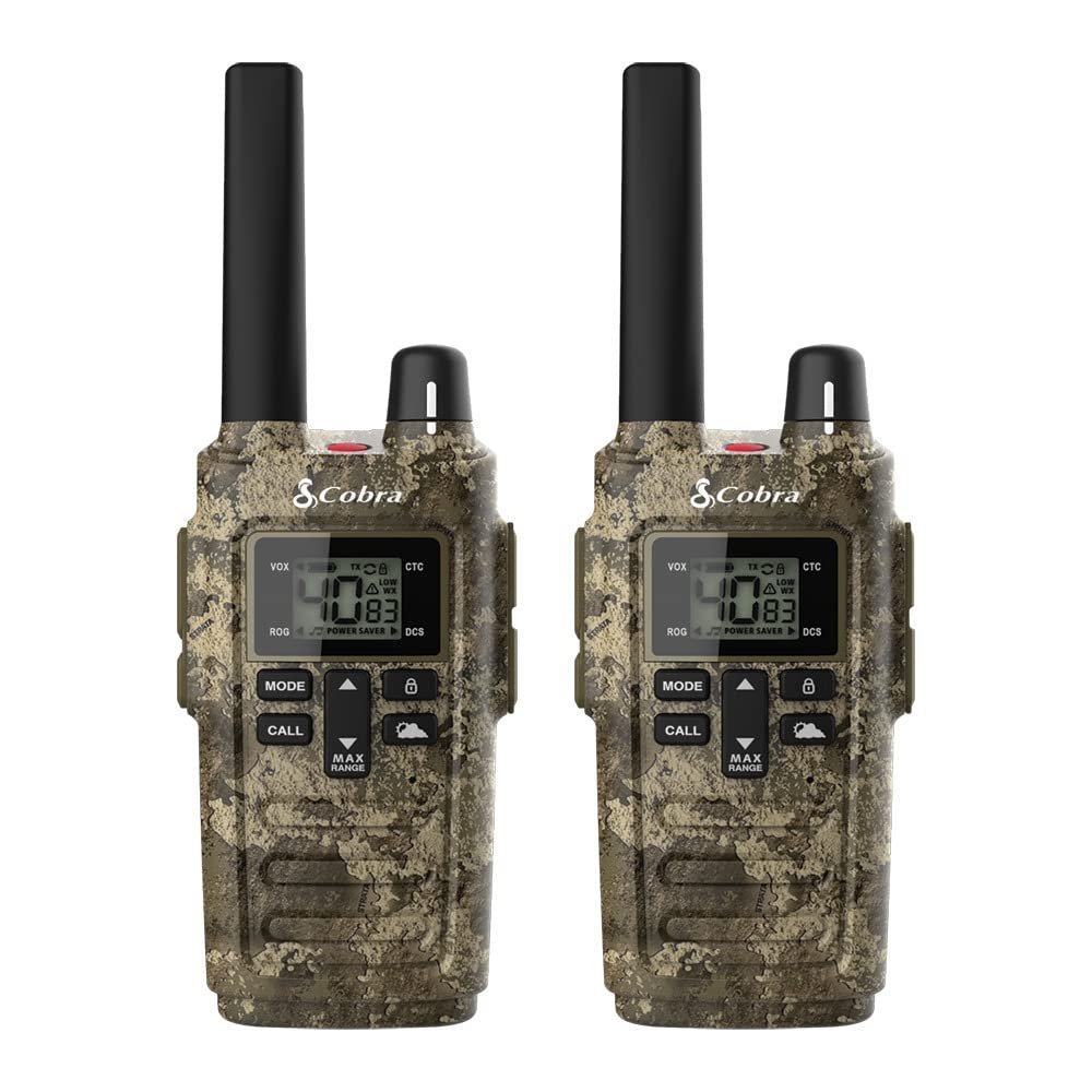 Cobra RX380 Walkie Talkies (2-Pack)  Weather Resistant Two Way Radios Long Range, 40 Pre-Programmed Channels, Weather Alerts, LED Flashlight, Long-Life NiMH Batteries (TrueTimber Strata Camo)