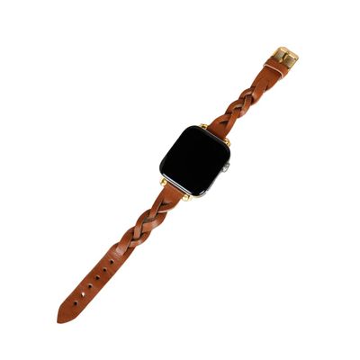 Slim Braided Leather Watch Band, Womens Leather Watch Band, Apple Watch Band, Watch Accessories, Apple Watch Strap (Black Connector (38/40/41mm), Light Brown Band)