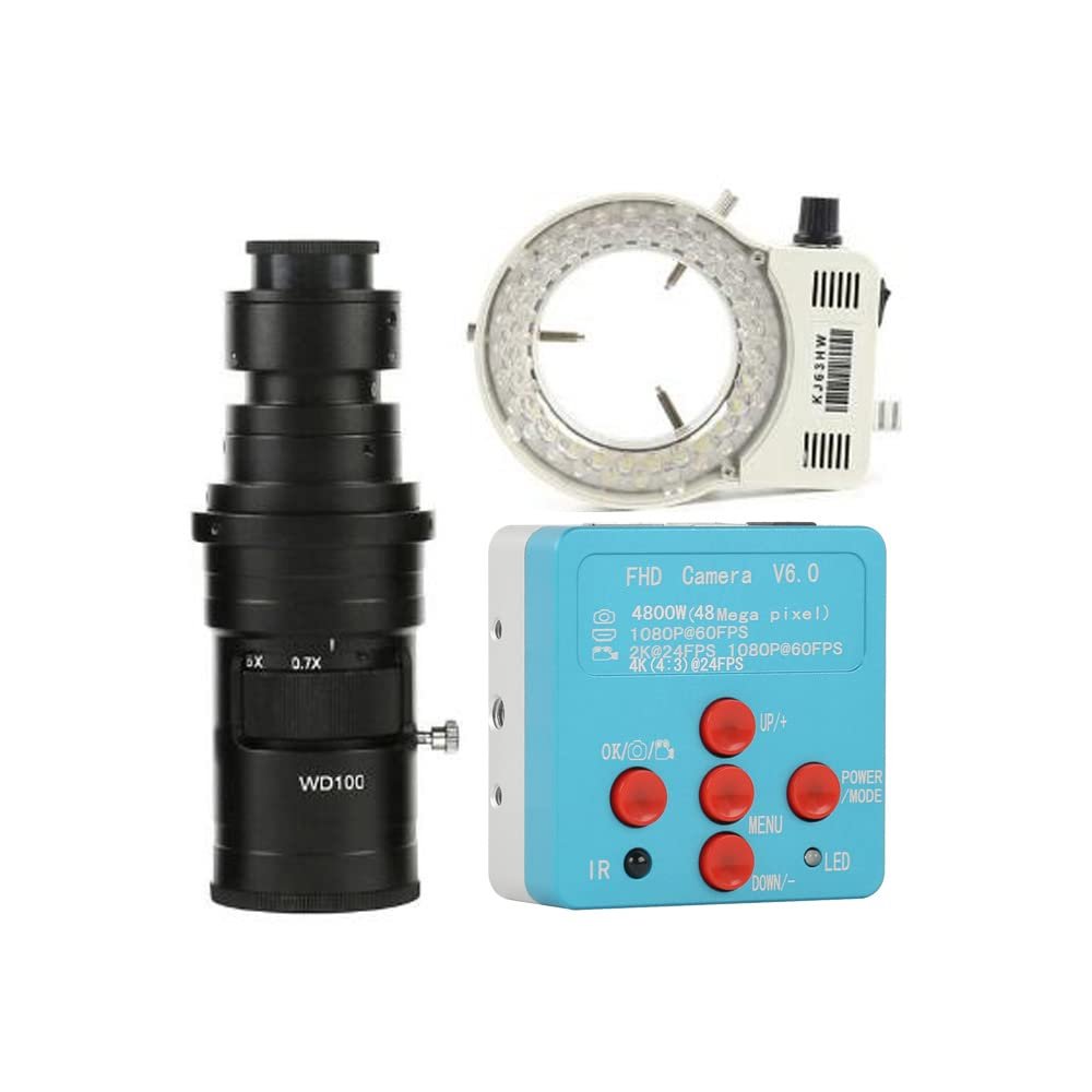 48MP 4K&2K HDMI USB Industrial Video Microscope Camera TF Storage & 200X C-Mount Lens Whit 56-LED Adjustable Ring Light