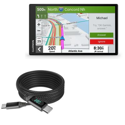 BoxWave Cable Compatible with Garmin DriveSmart 76 - PowerDisplay PD Cable (6ft) - USB-C to USB-C (100W), LED Wattage Info Extra Long Braided Nylon - Jet Black