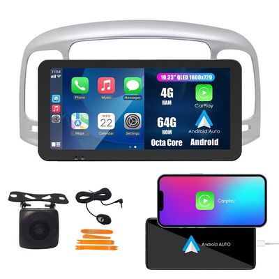 Kunfine CarPlay Android Auto Navigation Stereo GPS Radio Reverse Camera Display 10.33" QLED Touchscreen Headunit Tablet Pad Media Player for Hyundai Accent 2006-2011, if Applicable Octa Core 4G+64G