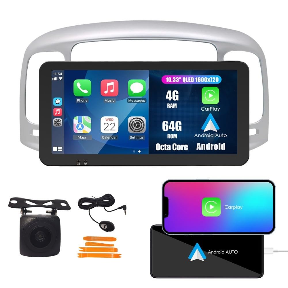 Kunfine CarPlay Android Auto Navigation Stereo GPS Radio Reverse Camera Display 10.33" QLED Touchscreen Headunit Tablet Pad Media Player for Hyundai Accent 2006-2011, if Applicable Octa Core 4G+64G