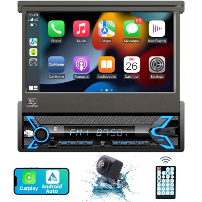 2026 7-inch Motorized Flip-Out Single Din Car Stereo with Apple CarPlay & Android Auto, Bluetooth, HD Touchscreen, Backup Camera, USB/SD/AUX Input, AM/FM Radio, Subwoofer Support & DSP
