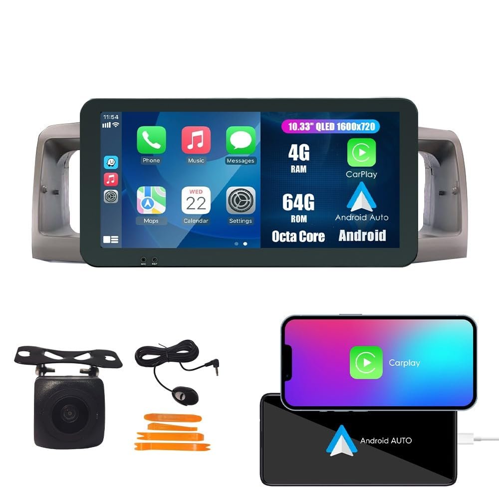 Car CarPlay Android Auto Navigation Stereo GPS Radio 10.33" QLED Touchscreen Headunit Tablet Media Player for Toyota Corolla 2003-2008, if Applicable Octa Core 4G+64G Gray