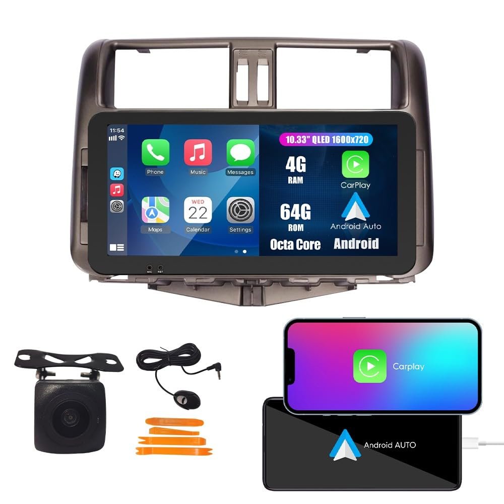 CarPlay Android Auto Navigation Stereo GPS Radio Reverse Camera Display 10.33" QLED Touchscreen Headunit Tablet Pad Media Player For Toyota Land Cruiser Prado 2009-2013, if Applicable Octa Core 4G+64G