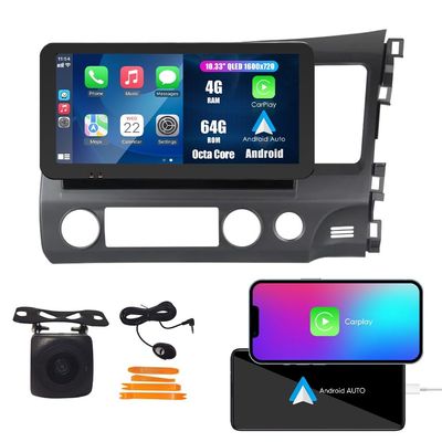 Kunfine CarPlay Android Auto Navigation Stereo GPS Radio Reverse Camera Display 10.33" QLED Touchscreen Headunit Tablet Pad Media Player for Honda Civic 2006-2011(RHD), if Applicable Octa Core 4G+64G