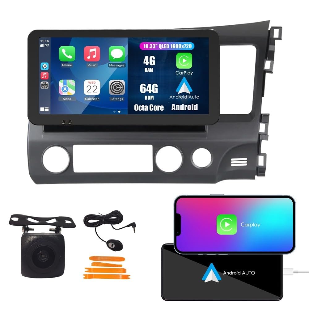 Kunfine CarPlay Android Auto Navigation Stereo GPS Radio Reverse Camera Display 10.33" QLED Touchscreen Headunit Tablet Pad Media Player for Honda Civic 2006-2011(RHD), if Applicable Octa Core 4G+64G