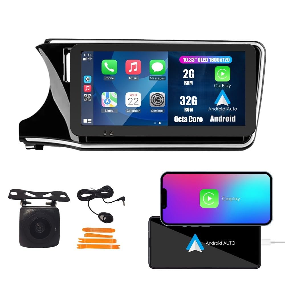 Kunfine CarPlay Android Auto Navigation Stereo GPS Radio Reverse Camera Display 10.33" QLED Touchscreen Headunit Tablet Pad Media Player for Honda City 2014-2018LHD, if Applicable Octa Core 2G+32G