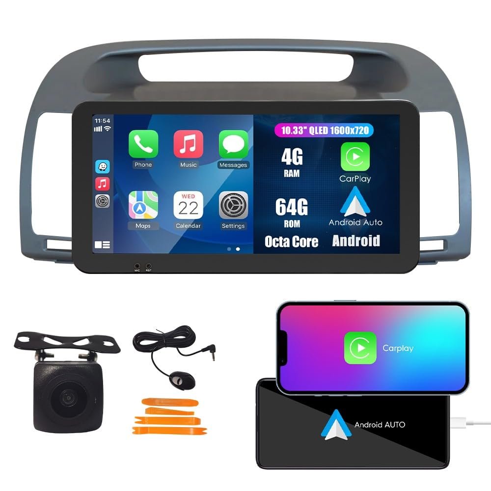 CarPlay Android Auto Navigation Stereo GPS Radio Reverse Camera Display 10.33" QLED Touchscreen Headunit Tablet Pad Media Player for Toyota Camry 2002-2006 Grey, if Applicable Octa Core 4G+64G